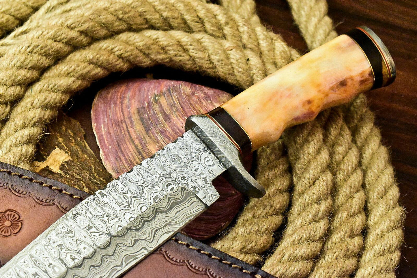 Damascus Steel Bowie Knife – Stained Camel Bone Handle, 13" Hunting Knife