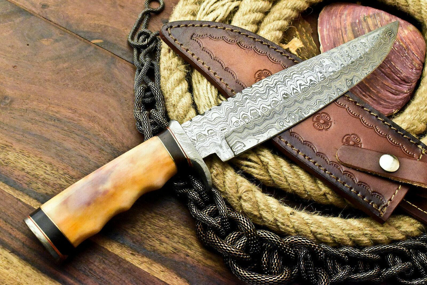 Damascus Steel Bowie Knife – Stained Camel Bone Handle, 13" Hunting Knife