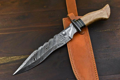 13.5" Damascus Steel Bowie Knife with Olive Wood Handle Fisher Hunter Blade