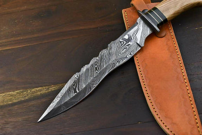 13.5" Damascus Steel Bowie Knife with Olive Wood Handle Fisher Hunter Blade
