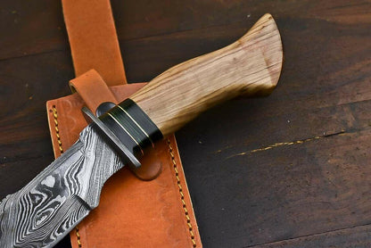 13.5" Damascus Steel Bowie Knife with Olive Wood Handle Fisher Hunter Blade