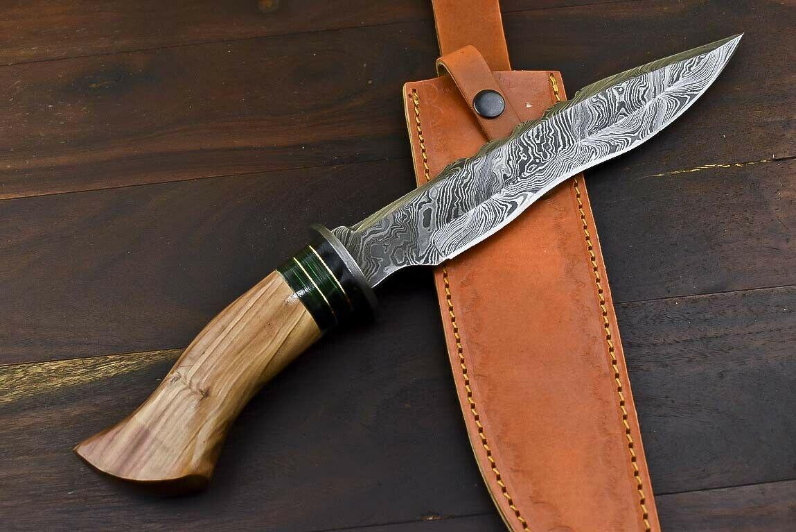 13.5" Damascus Steel Bowie Knife with Olive Wood Handle Fisher Hunter Blade