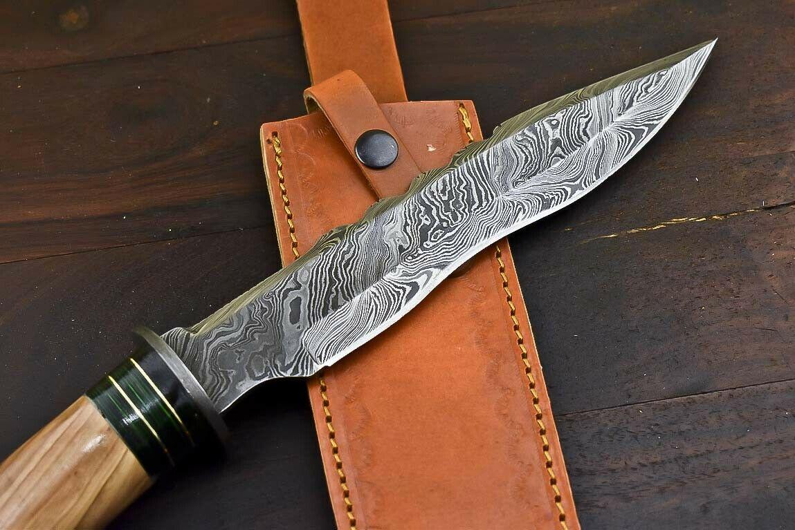 13.5" Damascus Steel Bowie Knife with Olive Wood Handle Fisher Hunter Blade