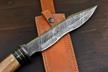 13.5" Damascus Steel Bowie Knife with Olive Wood Handle Fisher Hunter Blade