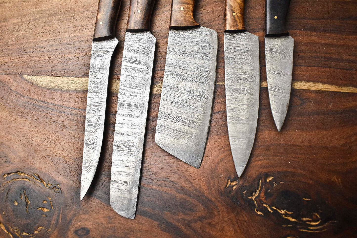 Premium Lot of 5 Handmade Hammered Damascus Steel Chef Knives – Full Tang, 10–13"