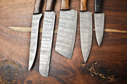 Premium Lot of 5 Handmade Hammered Damascus Steel Chef Knives – Full Tang, 10–13"