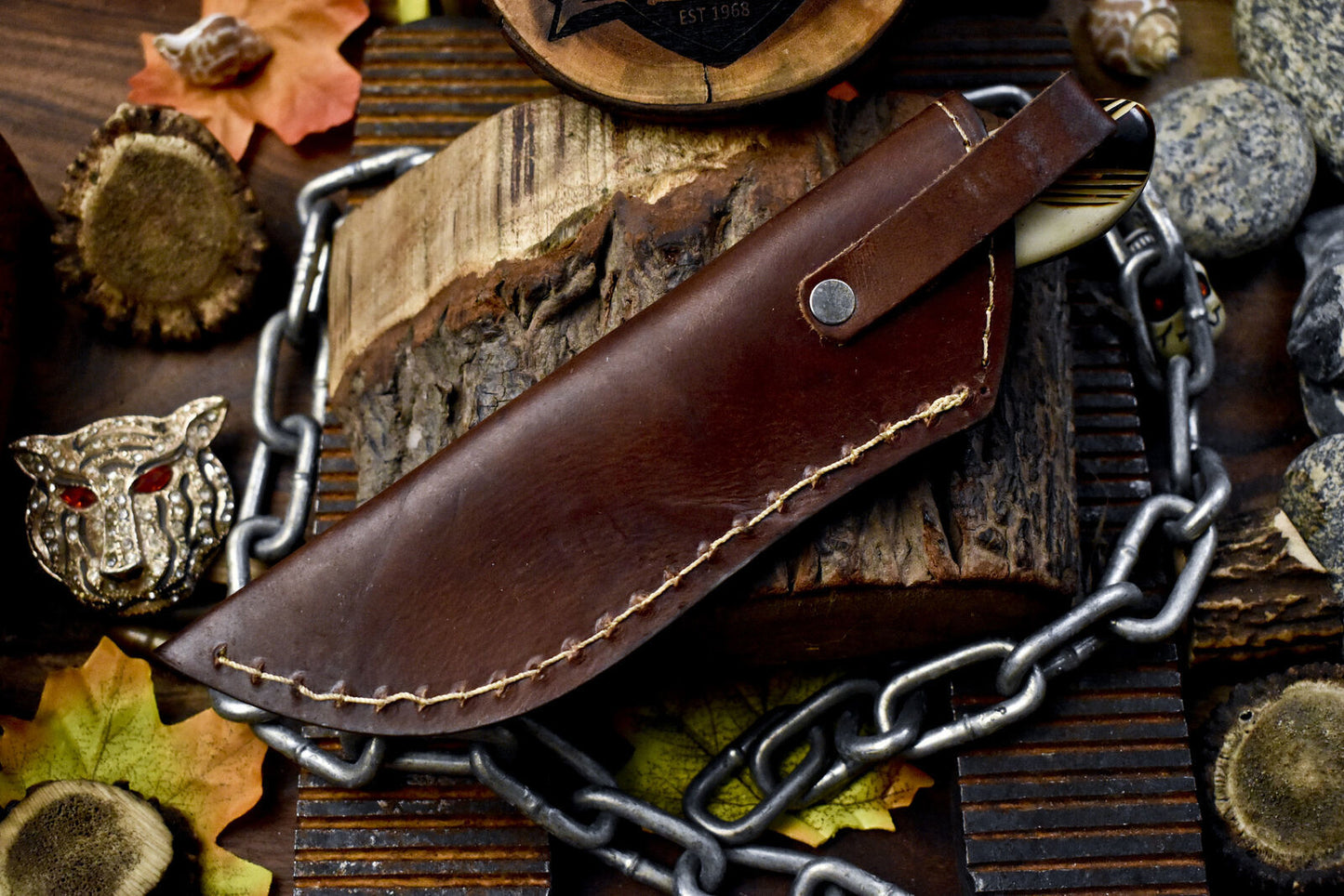 Hand Forged Twist Damascus Skinner Knife with Polished Bone Handle for Hiking and Collecting