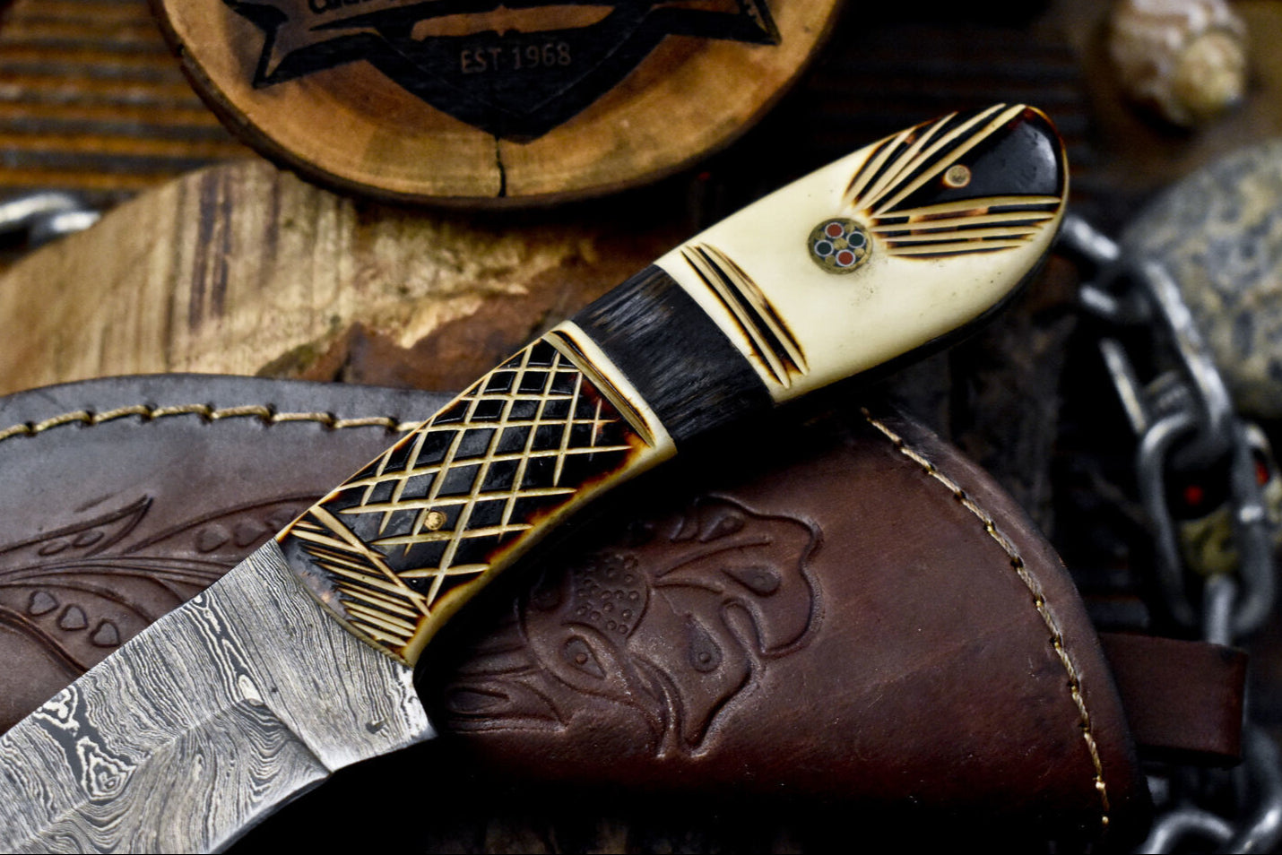Hand Forged Twist Damascus Skinner Knife with Polished Bone Handle for Hiking and Collecting