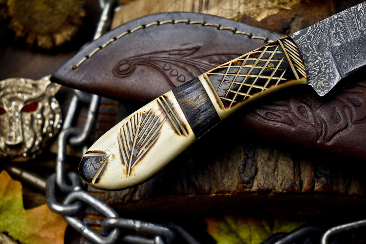 Hand Forged Twist Damascus Skinner Knife with Polished Bone Handle for Hiking and Collecting