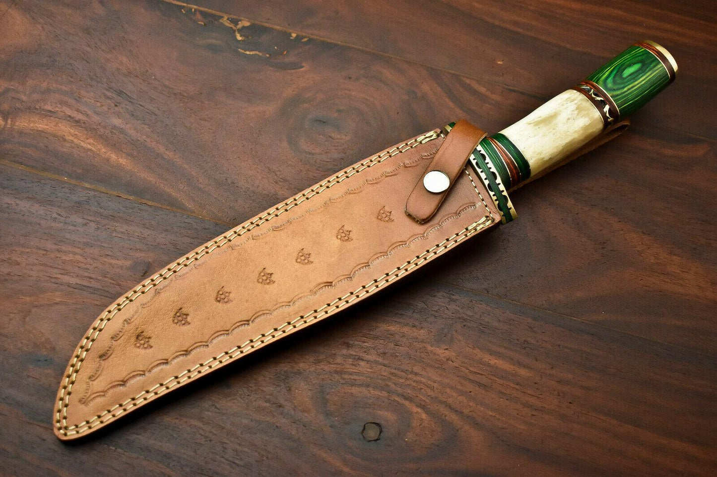 15.5” Damascus Steel Bowie Knife | Camel Bone Handle & Leather Sheath