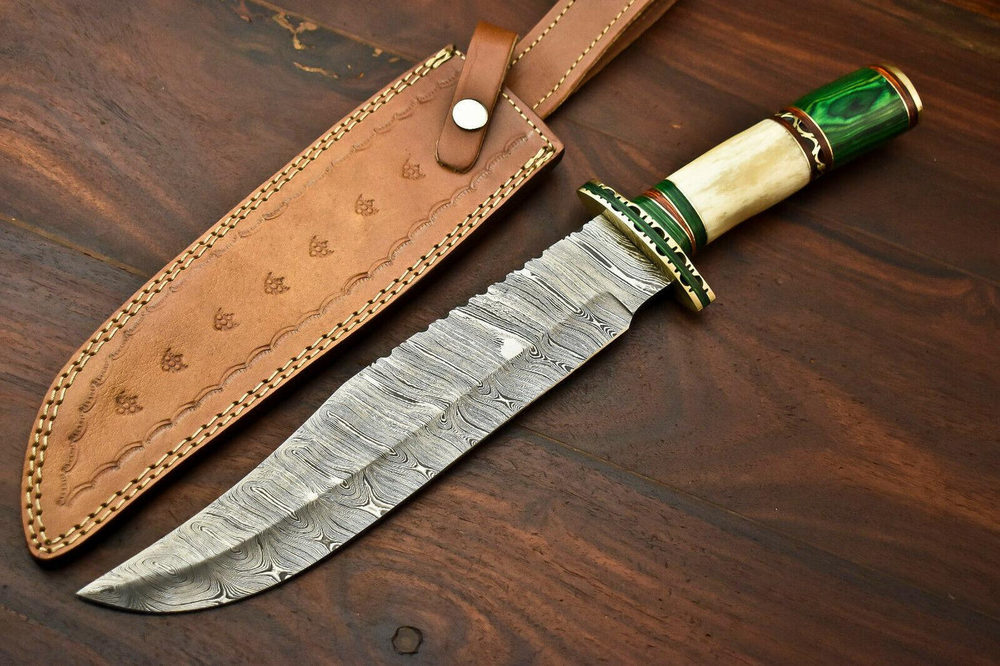 15.5” Damascus Steel Bowie Knife | Camel Bone Handle & Leather Sheath