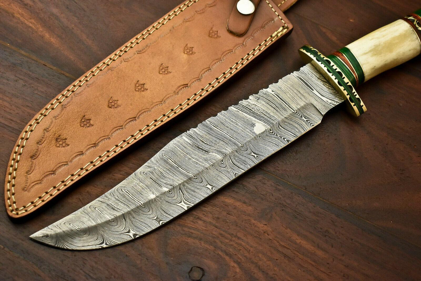 15.5” Damascus Steel Bowie Knife | Camel Bone Handle & Leather Sheath