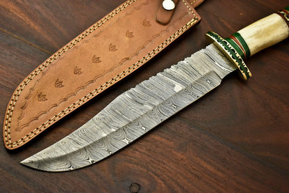 15.5” Damascus Steel Bowie Knife | Camel Bone Handle & Leather Sheath