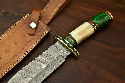 15.5” Damascus Steel Bowie Knife | Camel Bone Handle & Leather Sheath