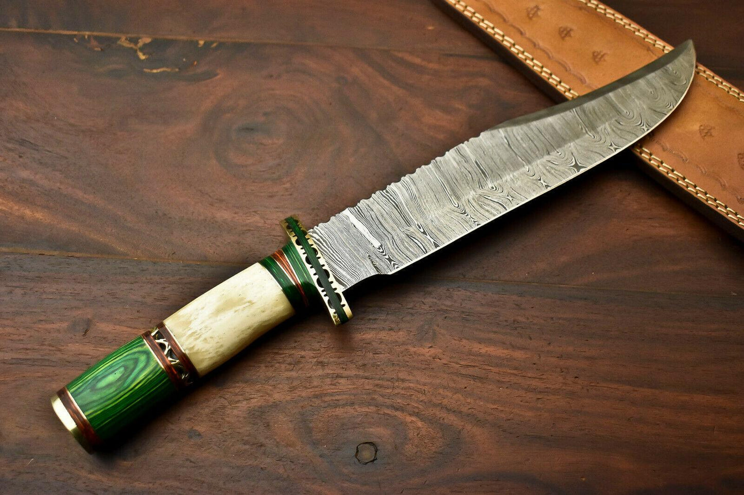 15.5” Damascus Steel Bowie Knife | Camel Bone Handle & Leather Sheath