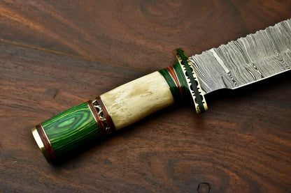 15.5” Damascus Steel Bowie Knife | Camel Bone Handle & Leather Sheath