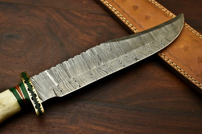 15.5” Damascus Steel Bowie Knife | Camel Bone Handle & Leather Sheath