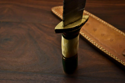 15.5” Damascus Steel Bowie Knife | Camel Bone Handle & Leather Sheath