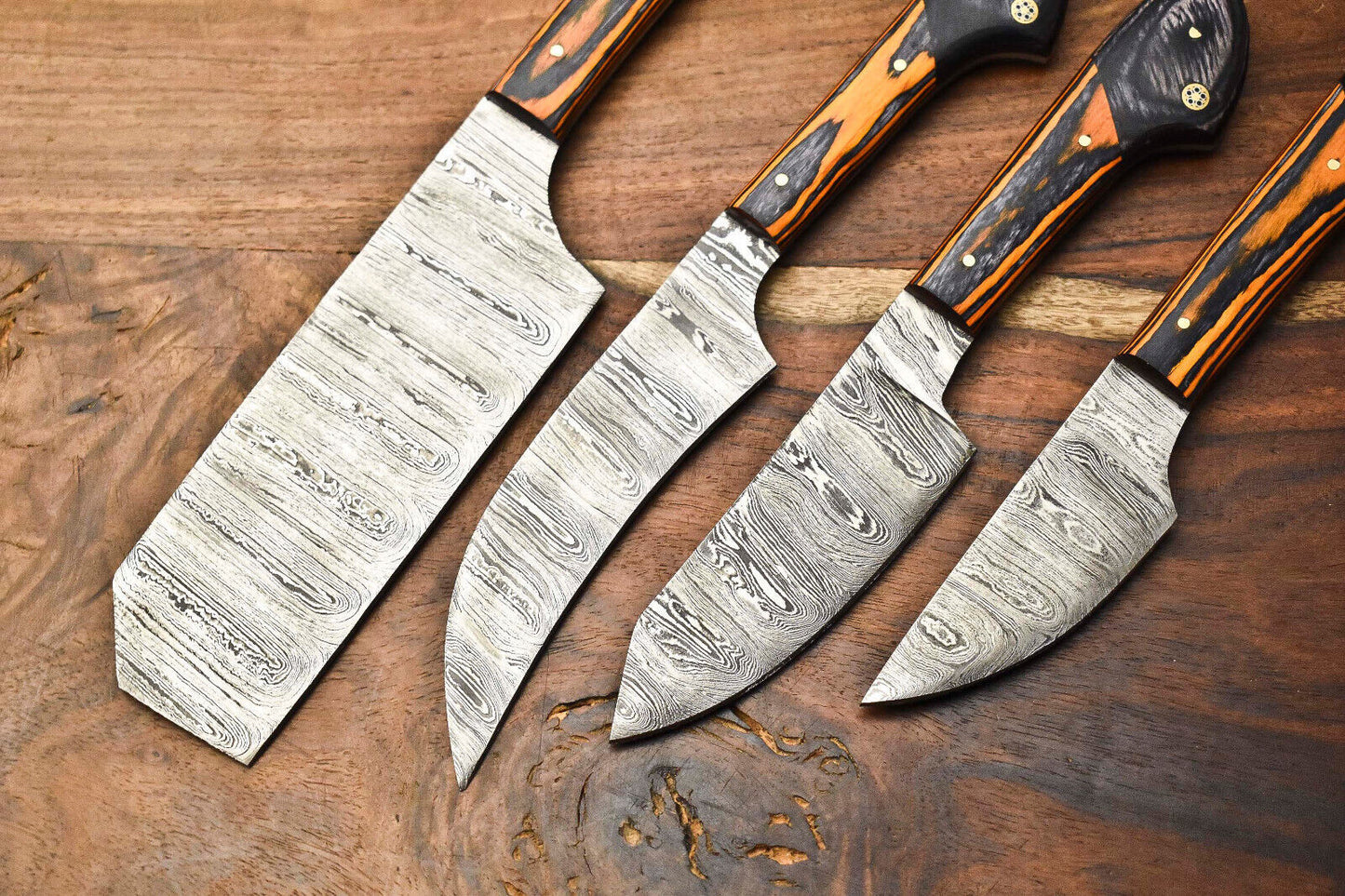 Custom Lot of 4 Handmade Hammered Damascus Steel Blade Chef Knife Set – Full Tang Kitchen Knives