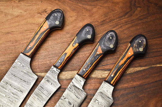 Custom Lot of 4 Handmade Hammered Damascus Steel Blade Chef Knife Set – Full Tang Kitchen Knives