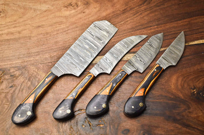 Custom Lot of 4 Handmade Hammered Damascus Steel Blade Chef Knife Set – Full Tang Kitchen Knives