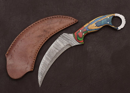 Custom Handmade Damascus Karambit Damascus Steel Hunting Knife with Wood Handle