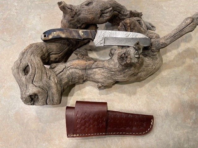 Handmade Damascus Steel Bull Cutter Knife Cowboy Bull Cutter Knife with Rams Horn Handle