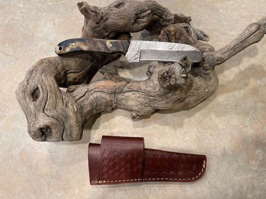 Handmade Damascus Steel Bull Cutter Knife Cowboy Bull Cutter Knife with Rams Horn Handle