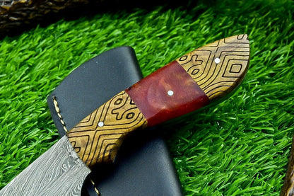 8 Inch Custom Damascus Bowie Hunting Knife with Resin and Wood Handle