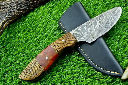 8 Inch Custom Damascus Bowie Hunting Knife with Resin and Wood Handle