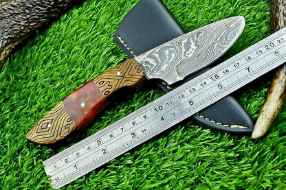 8 Inch Custom Damascus Bowie Hunting Knife with Resin and Wood Handle