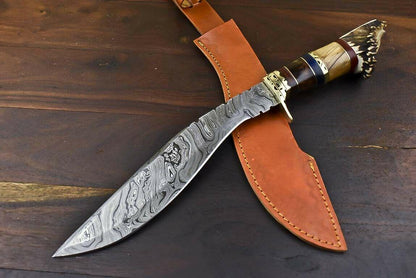 16.6" Handmade Damascus Steel Bowie Knife with Crown Antler Handle