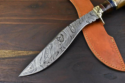 16.6" Handmade Damascus Steel Bowie Knife with Crown Antler Handle