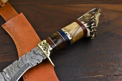16.6" Handmade Damascus Steel Bowie Knife with Crown Antler Handle