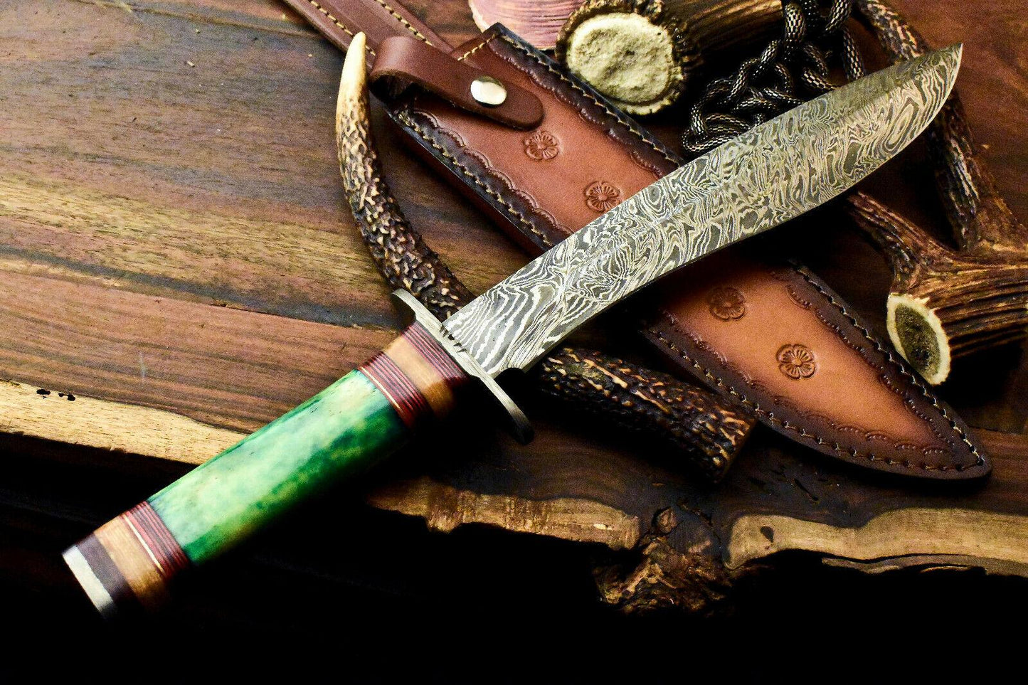 16" Damascus Steel Bowie Knife | Camel Bone Handle with Leather Sheath