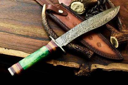 16" Damascus Steel Bowie Knife | Camel Bone Handle with Leather Sheath