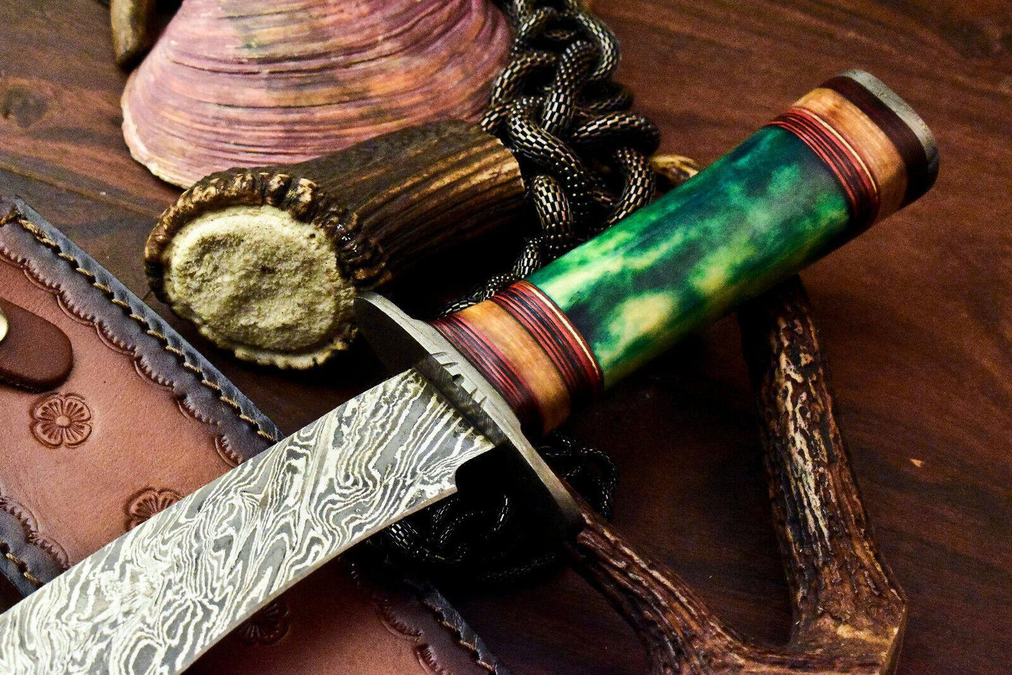 16" Damascus Steel Bowie Knife | Camel Bone Handle with Leather Sheath