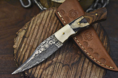 Rain Drop Damascus Skinner Knife Hardwood Handle Custom Hunting Blade