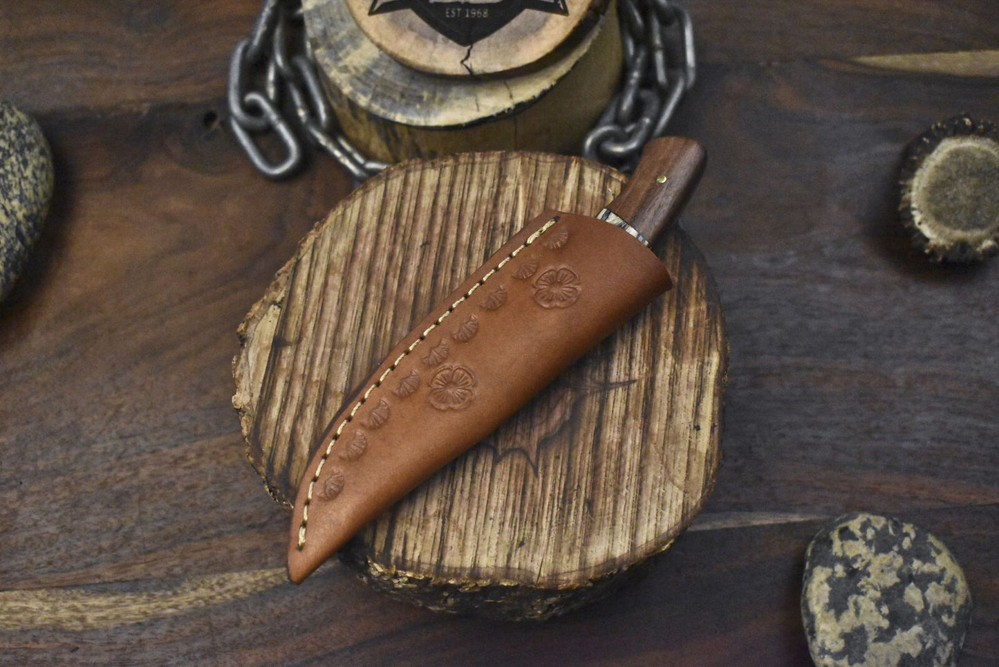 Rain Drop Damascus Skinner Knife Hardwood Handle Custom Hunting Blade