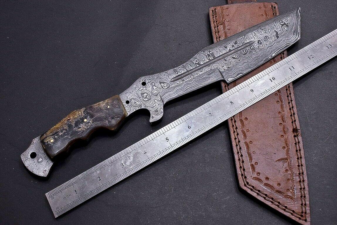 13" Damascus Tracker Bowie Knife with Ram Horn Handle | Handmade Hunting Blade