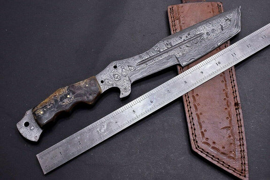 13" Custom Damascus Bowie Knife Damascus Steel Knife with Ram Horn Handle & Sheath