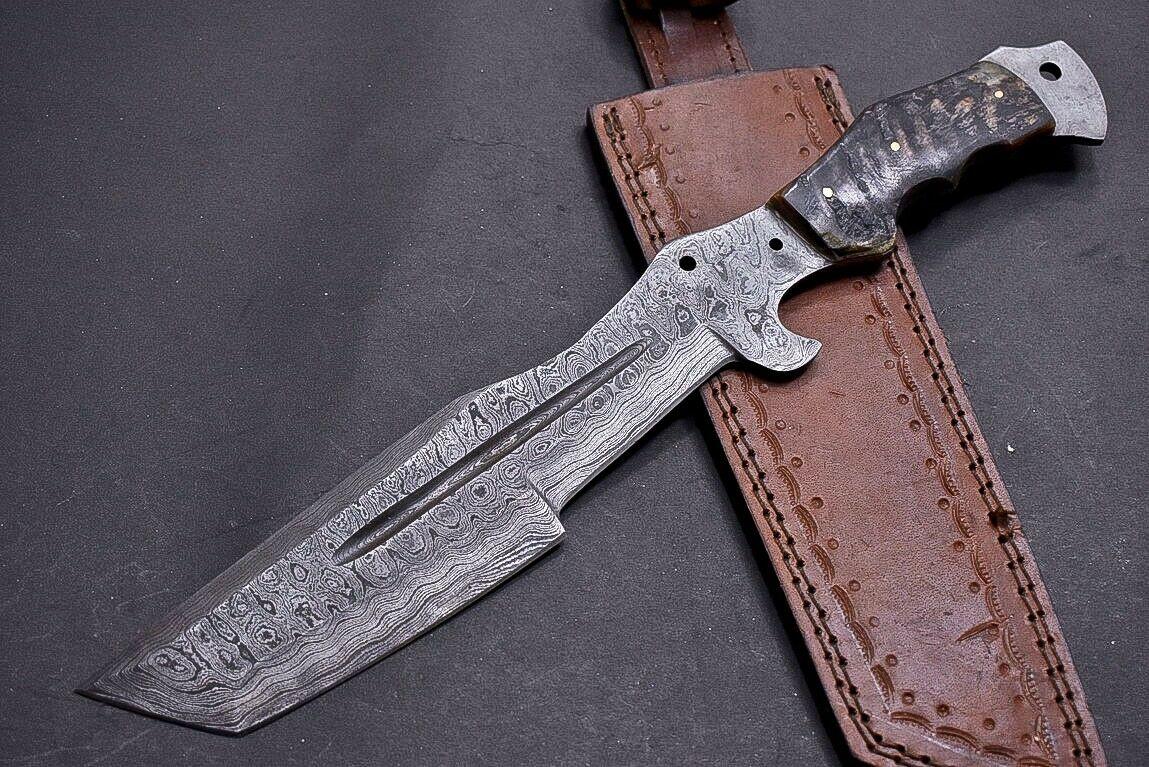 13" Damascus Tracker Bowie Knife with Ram Horn Handle | Handmade Hunting Blade