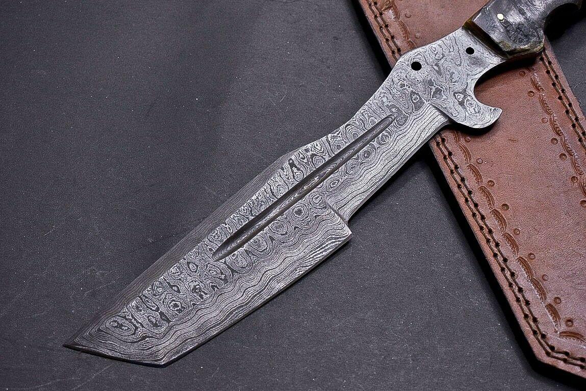 13" Damascus Tracker Bowie Knife with Ram Horn Handle | Handmade Hunting Blade