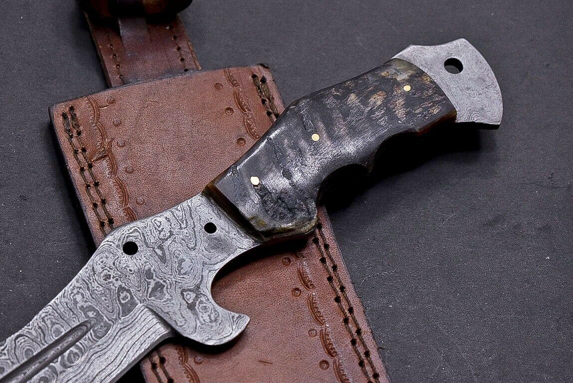 13" Damascus Tracker Bowie Knife with Ram Horn Handle | Handmade Hunting Blade