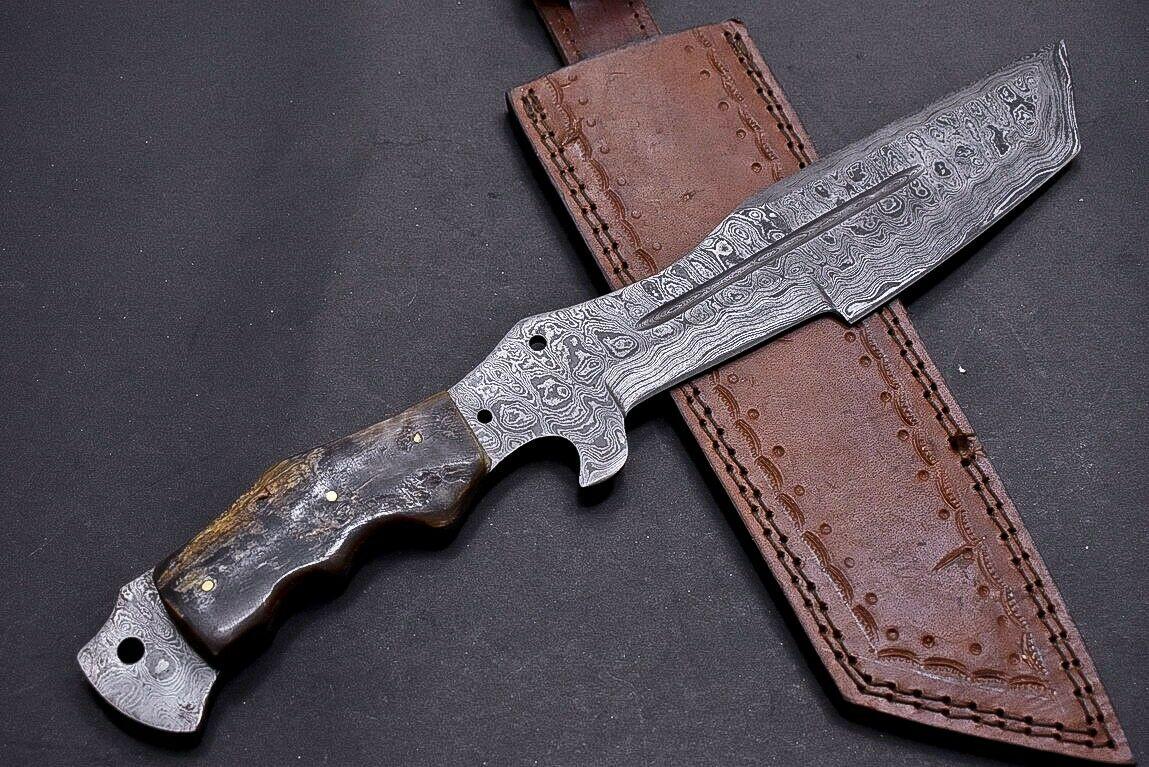 13" Damascus Tracker Bowie Knife with Ram Horn Handle | Handmade Hunting Blade