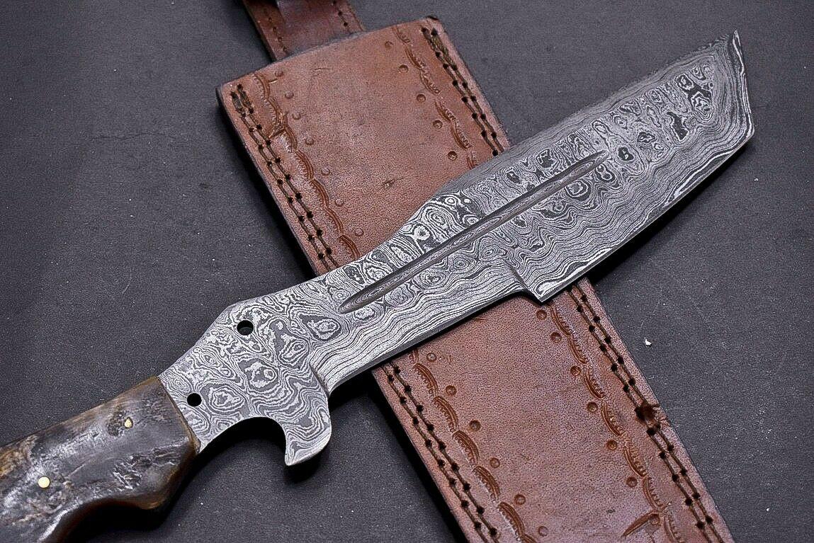 13" Damascus Tracker Bowie Knife with Ram Horn Handle | Handmade Hunting Blade