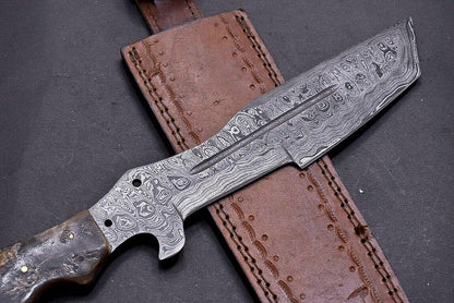 13" Damascus Tracker Bowie Knife with Ram Horn Handle | Handmade Hunting Blade