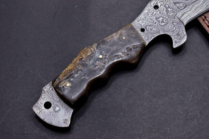 13" Damascus Tracker Bowie Knife with Ram Horn Handle | Handmade Hunting Blade