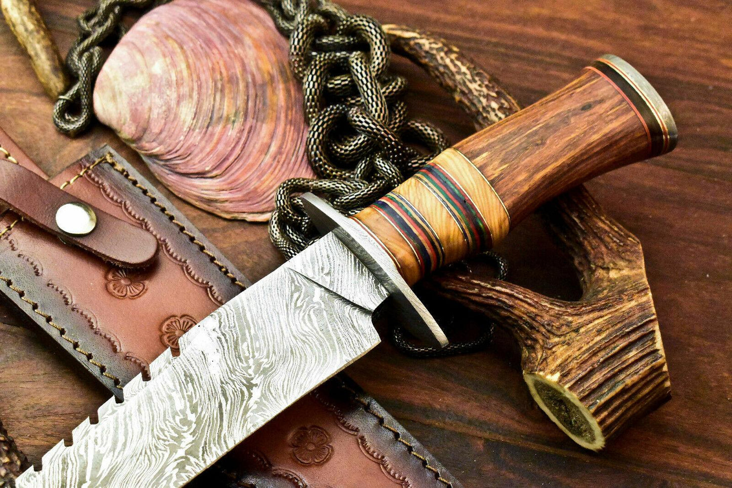 12.75" Handmade Damascus Hunting Bowie Knife | Walnut Wood Handle