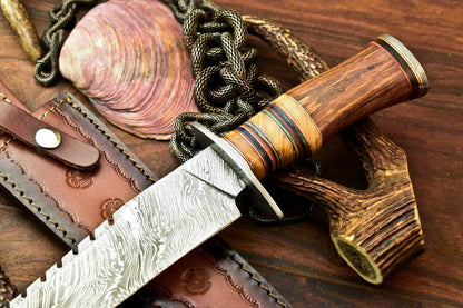 12.75" Handmade Damascus Hunting Bowie Knife | Walnut Wood Handle